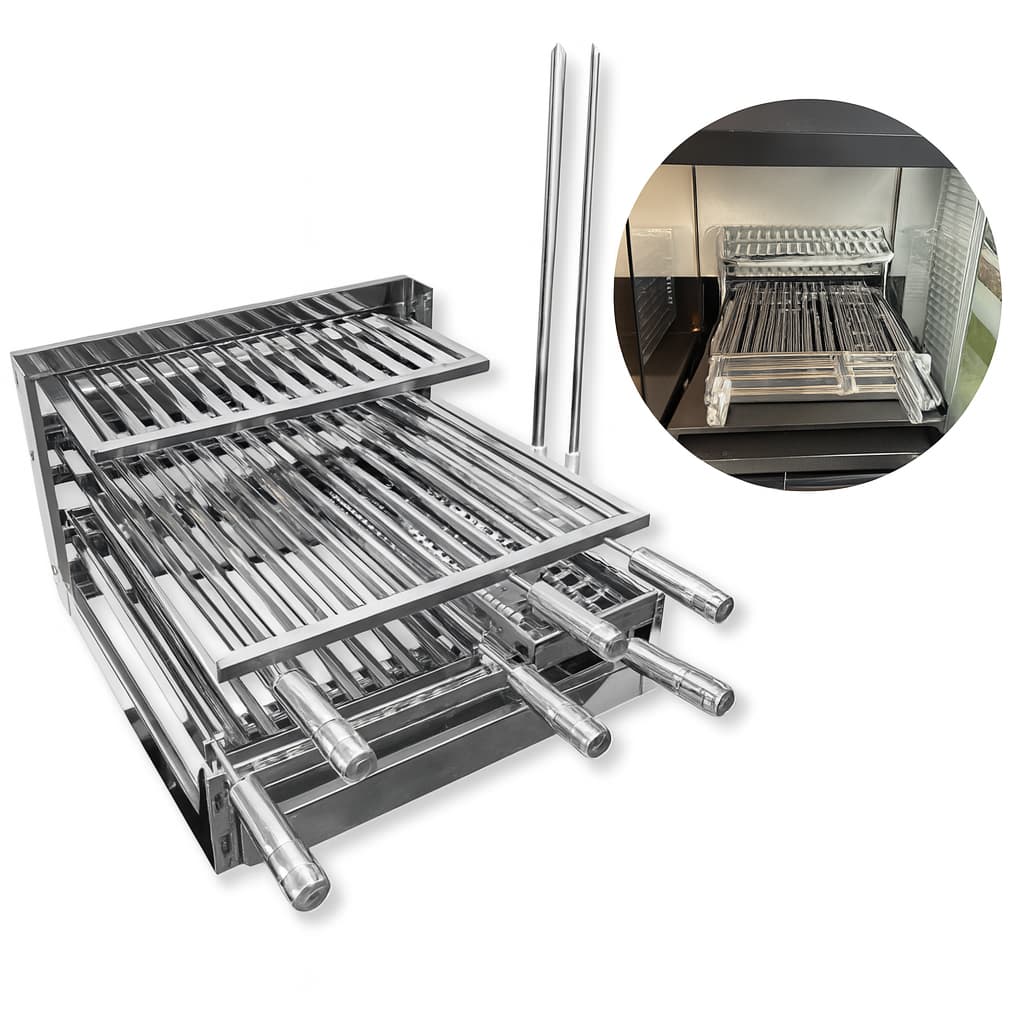 Suporte Grill Para Churrasqueira e Bancada Gourmet Aço Inox Suspenso Com 7 Peças Reforçada