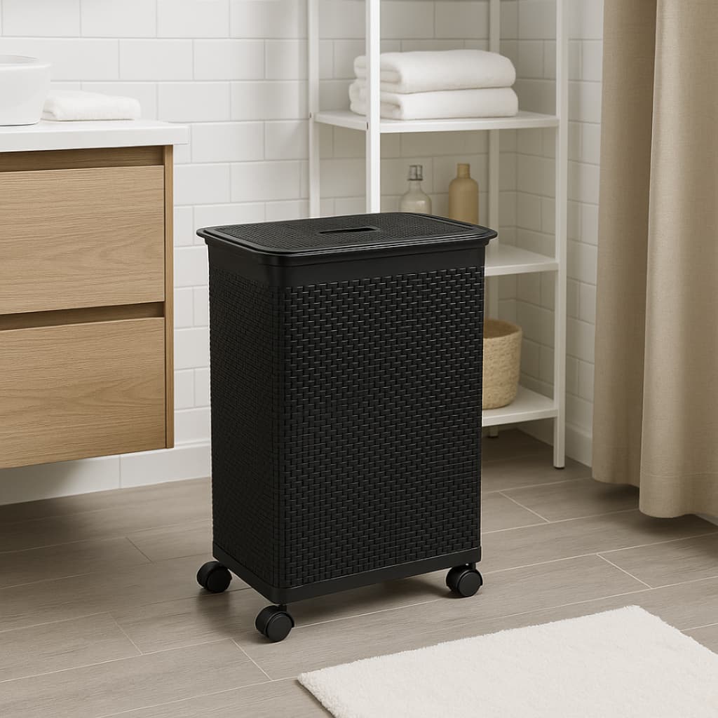 Cesto Rattan Niquelart 50 Litros Roupeiro com Tampa e Rodízios N625