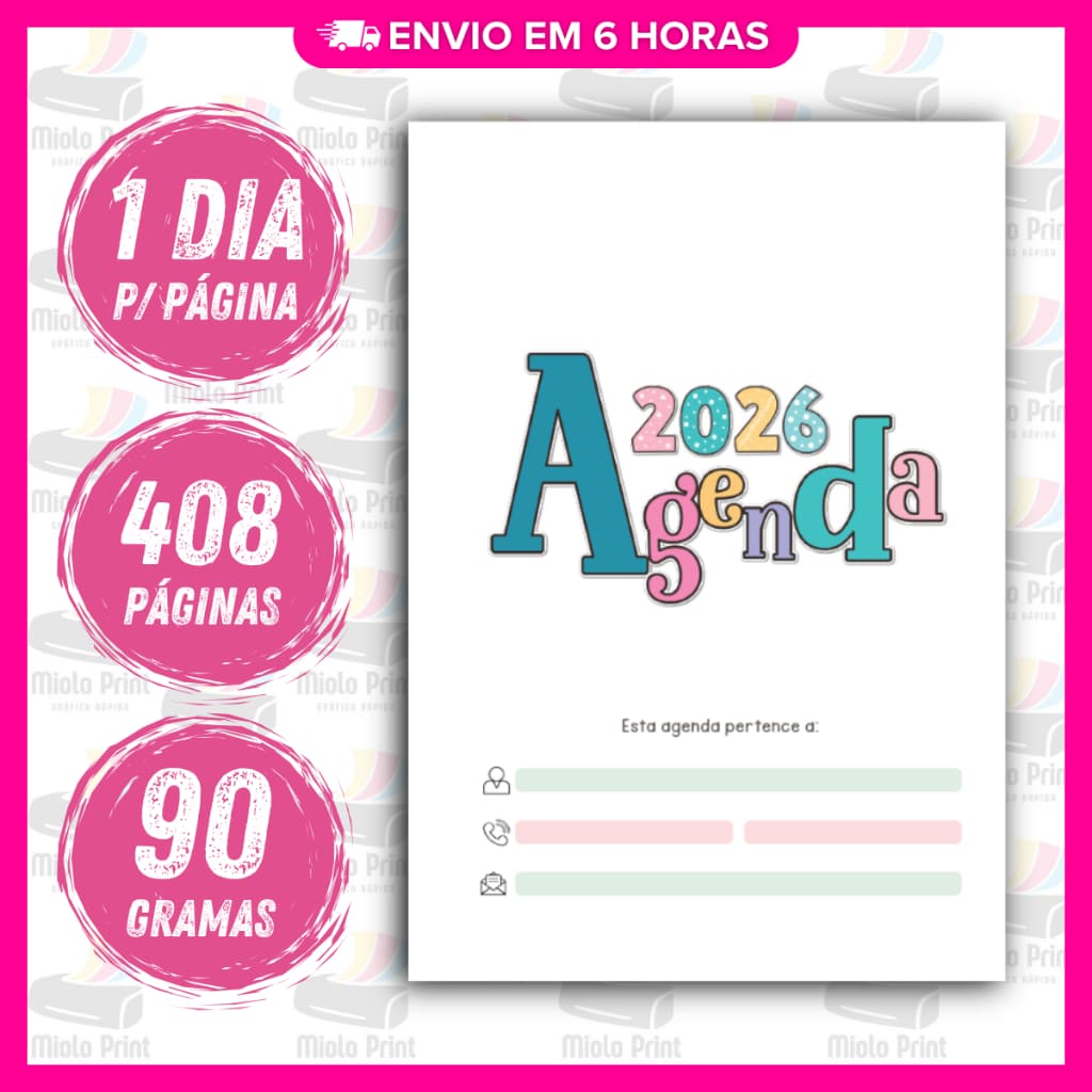 Kit 3 Unid. Miolo Impresso Agenda Collors 1DPP 2026 | Tamanho A5 | Papel 90gr