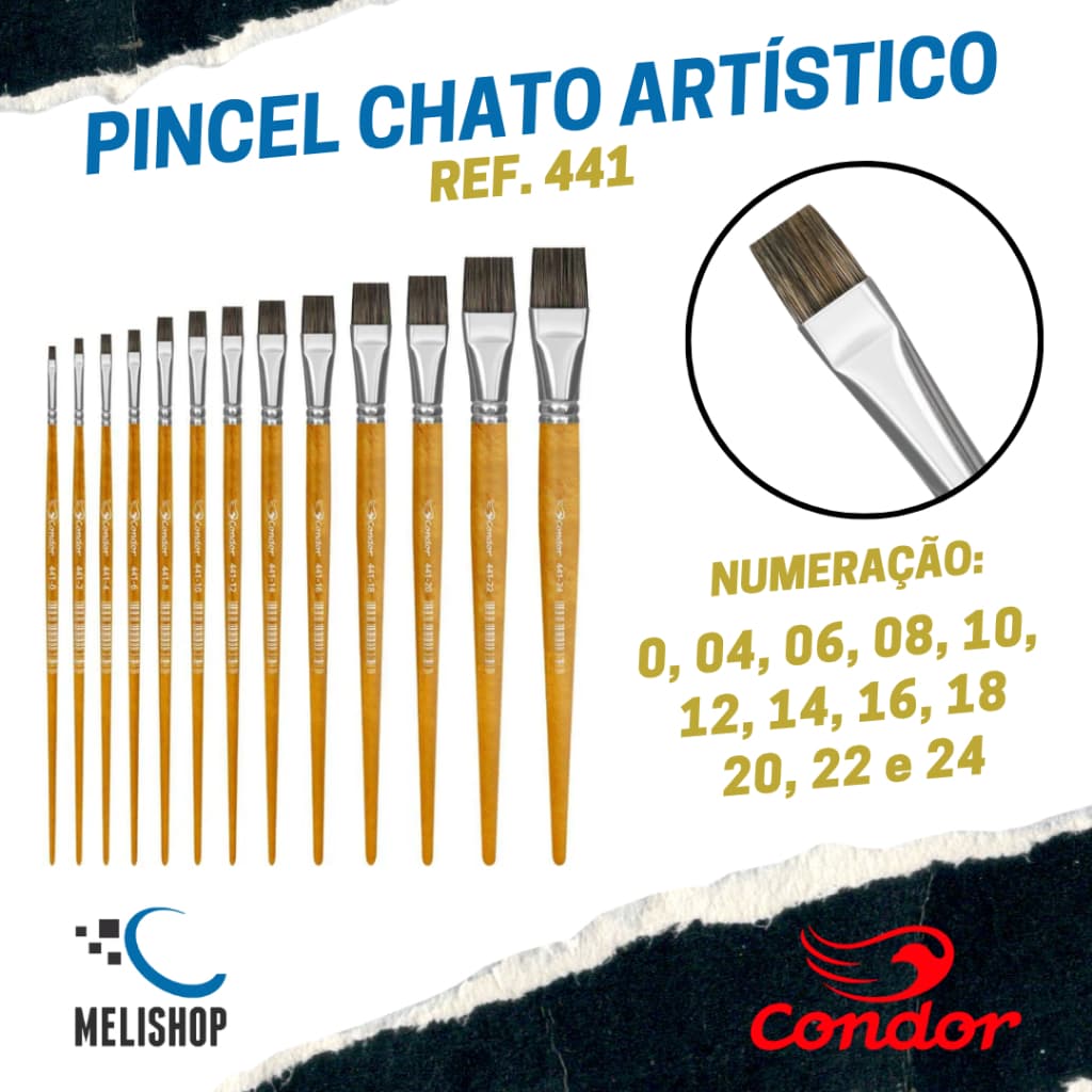 Pincel Chato Macio REF. 441 - Condor Pelo de Orelha de Boi e Cabo Madeira Natural Artesanato Escolar