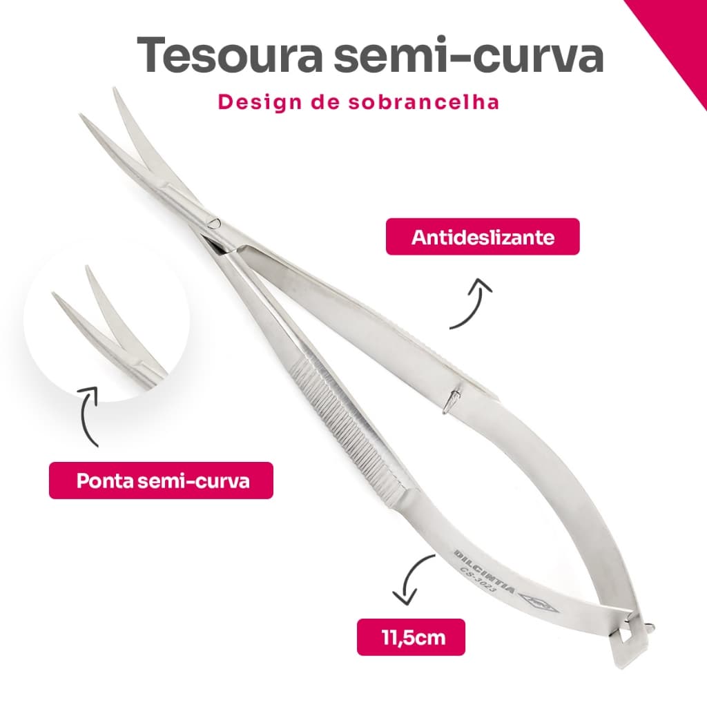 Tesoura Semi Curva Design Sobrancelha Inox Esterilizável Castroviejo Profissional Dilcintia