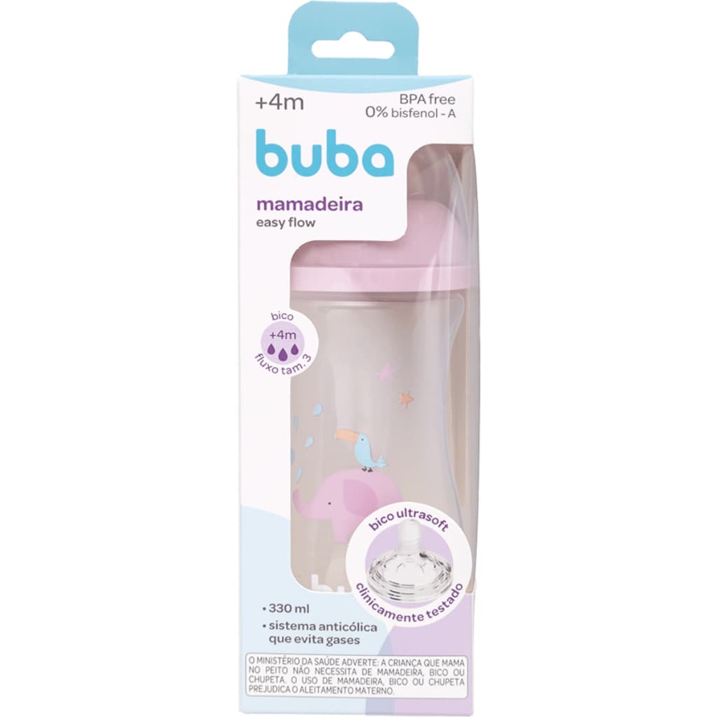 Mamadeira Buba 330ml Grande - Elefante Rosa - Ultra Soft - Sistema Anticólica Easy Flow – Fluxo 3