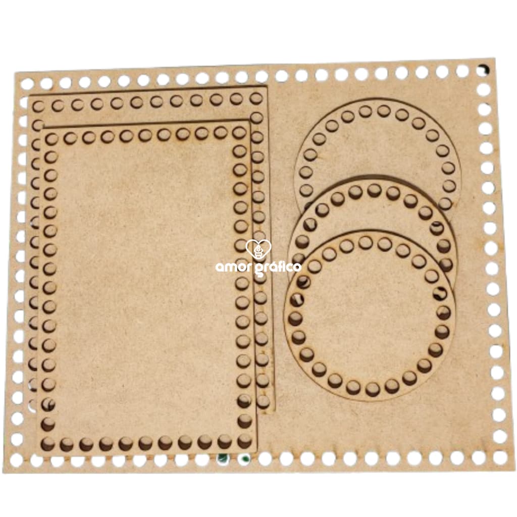 Kit Base MDF Crochê Fundo Bolsa Kit Higiene Bebê 6 Peças Fio de Malha Corte Laser