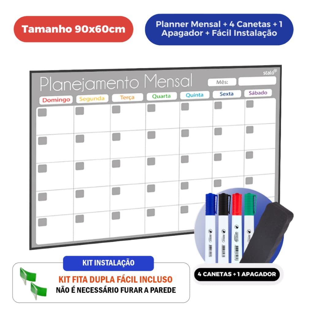 Planner Mensal Calendário 90x60cm Organização de Rotina + 4 Canetas e 1 Apagador Planner 2026