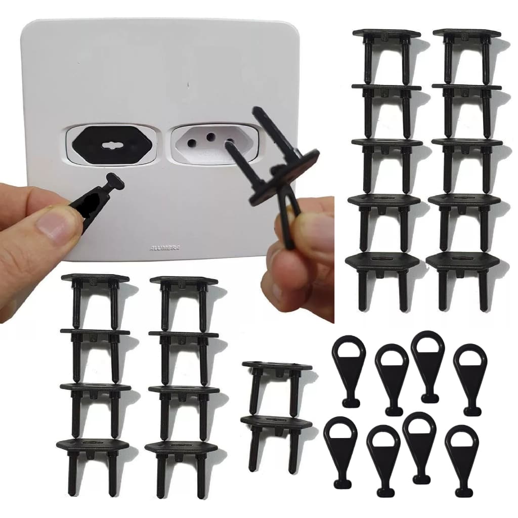Kit 20 Protetores de Tomada Antichoque Preto 8 Chaves