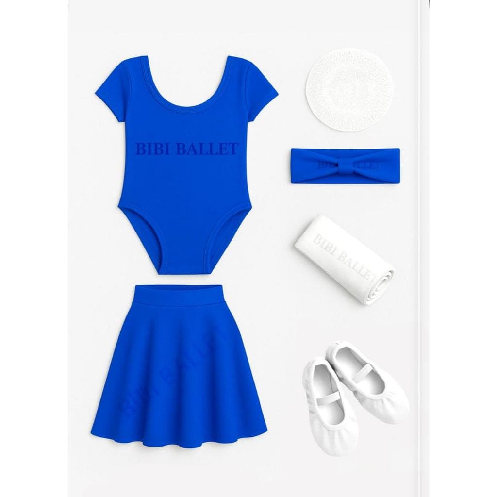 Kit 6 Itens - Collant COM MANGA + Saia de Cós + Faixa (AZUL ROYAL) e Redinha + Meia Calça + Sapatilha (BRANCO)