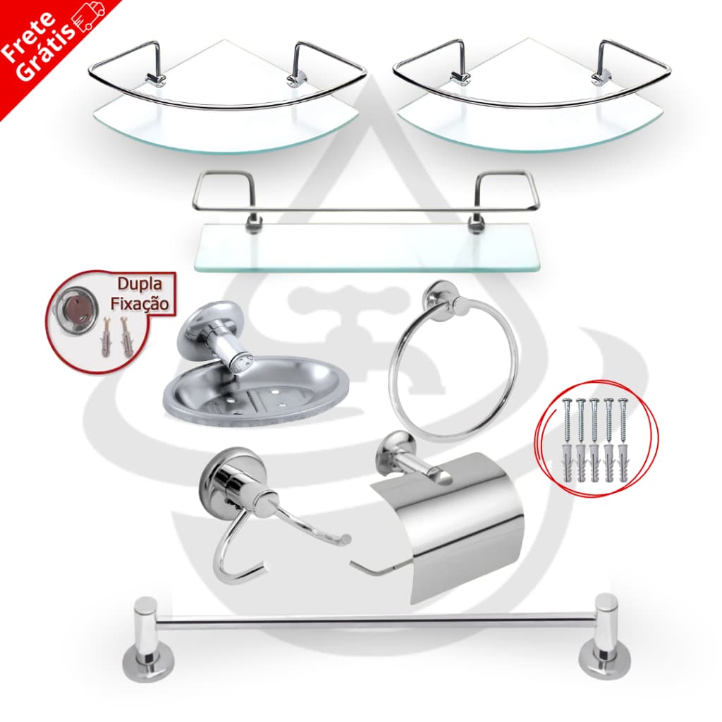 Kit Acessórios Banheiro 5 Peças Inox + 2 Porta Shampoo Canto Cantoneira + 1 Porta Shampoo Reto Vidro