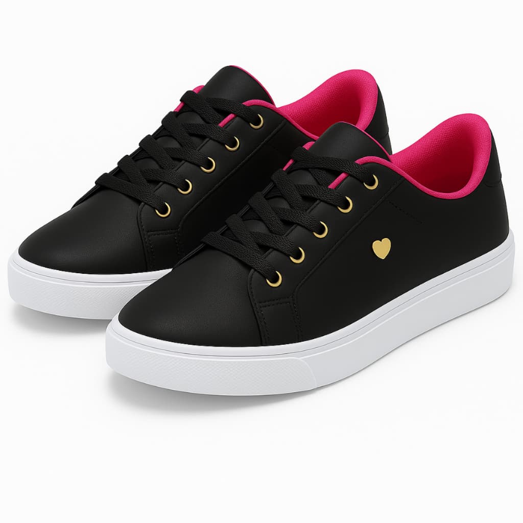 Tênis Menina Infantil Preto Coração Dourado Escolar Confortável e Estiloso