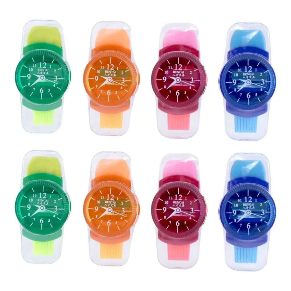 Kit 6 Apontador 3x1 Relógio Fofos Com Borracha E Vassourinha