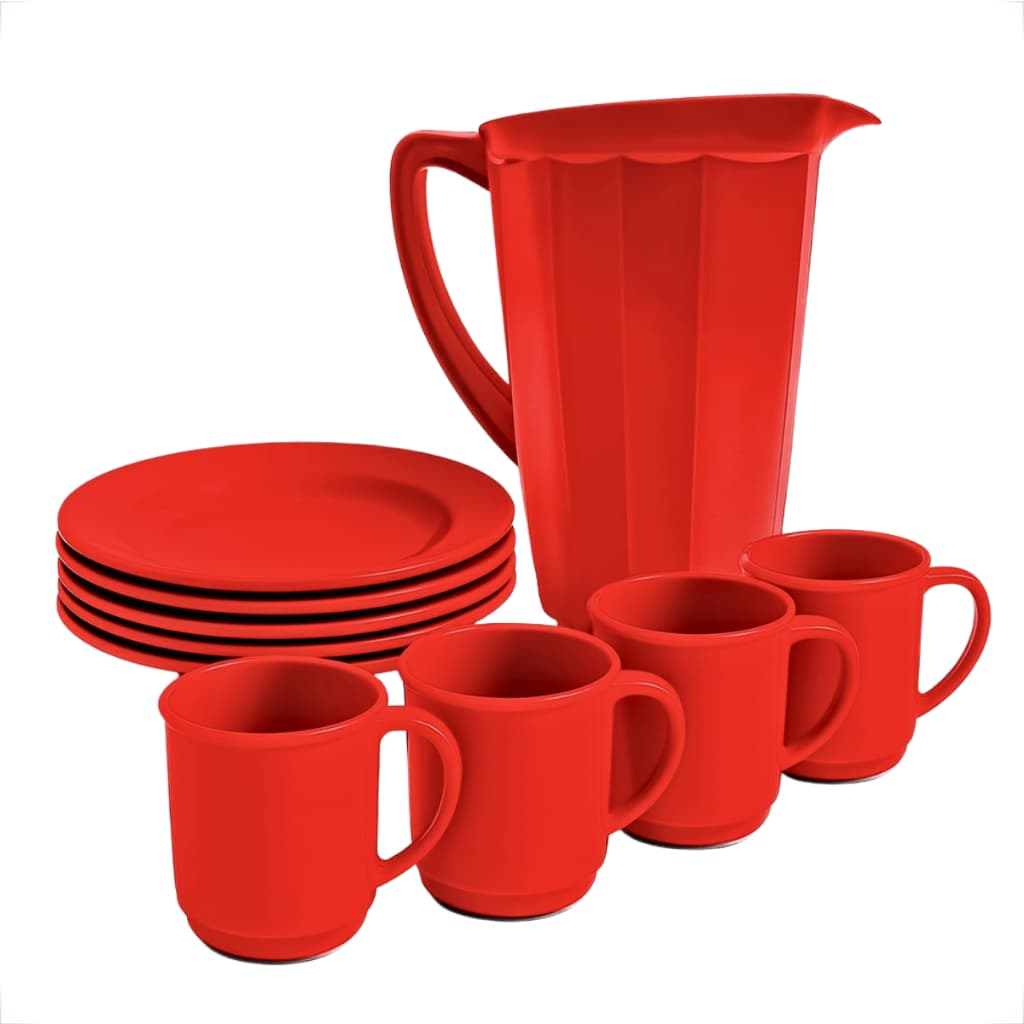 Kit 1 Jarras 1,7L + 4 Pratos Plásticos Fundo + 4 Canecas 400ML Reutilizáveis P/ Escolas e Creches