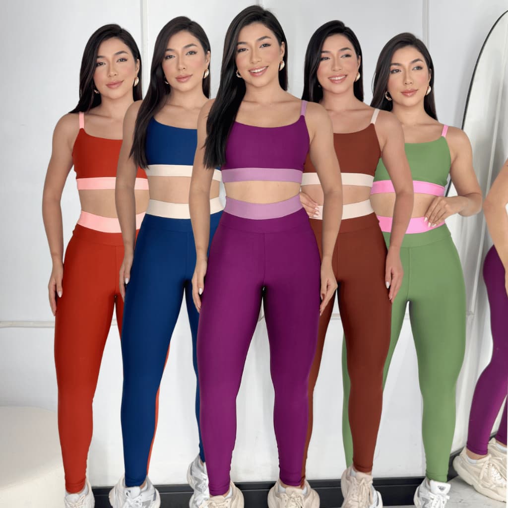 Conjunto Fitness Academia Feminino Bicolor Calça Legging e Top Com Bojo Alça Zero Transparência