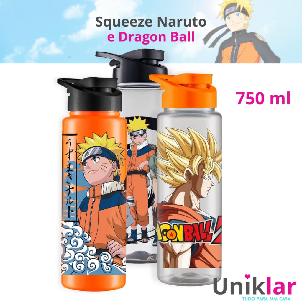 Garrafa Squeeze Infantil Naruto e Dragon Ball com Tampa e Alça 750ml