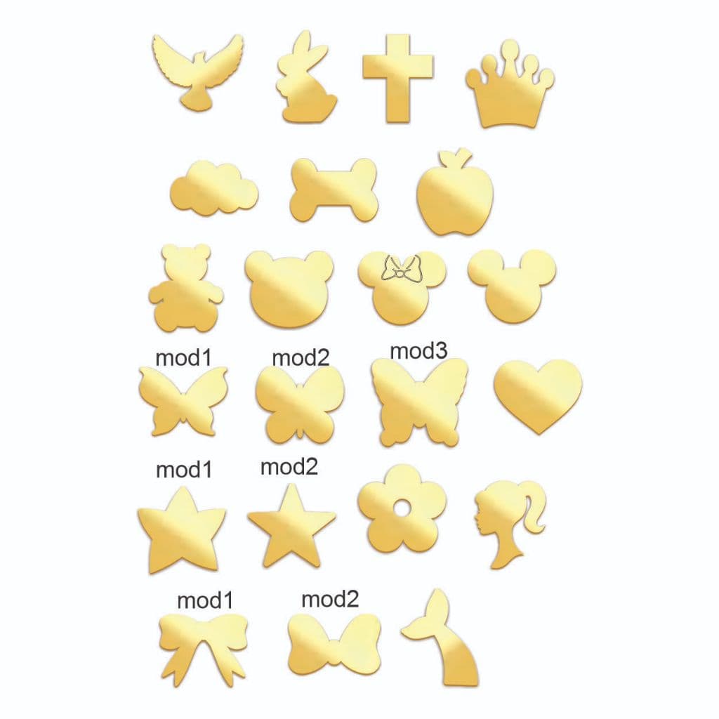 Kit 50 unidades - Mini Apliques Acrílico Espelhado Diversos Modelos com medida de  (1cm) são miniaturas.