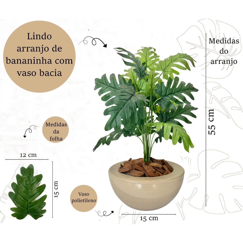 Planta Artificial Bananinha Com Vaso Bacia Liso Cores