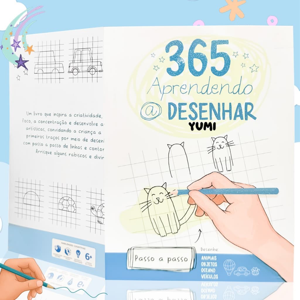 Livro 365 Aprendendo a Desenhar Livro De Desenhos Capa C/ Glitter Folhas Brancas Premium