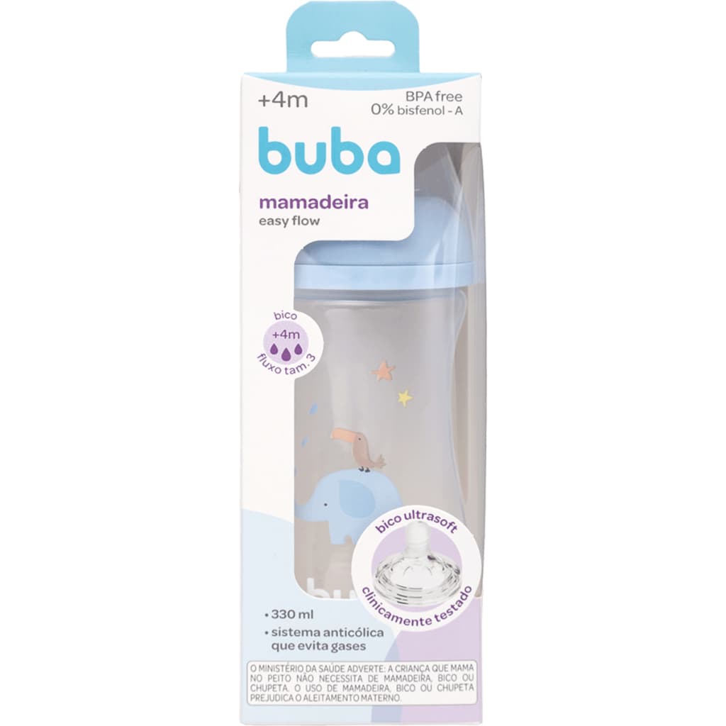 Mamadeira Buba 330ml Grande - Elefante Azul - Ultra Soft - Sistema Anticólica Easy Flow – Fluxo 3