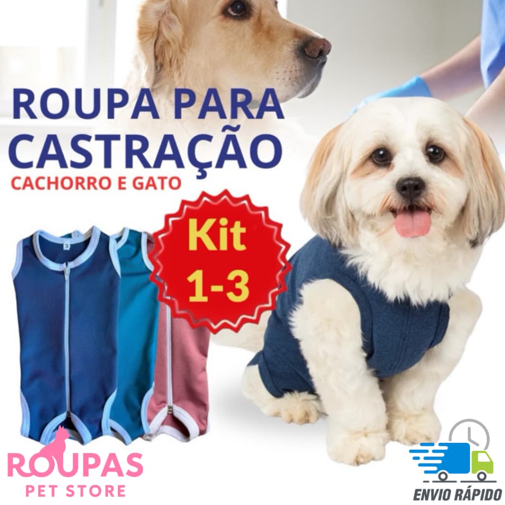 Kit 1-3 Roupa Castração Protetora para cães e gatos pós cirúrgica macho e fêmea - Tamanho 1 ao 16
