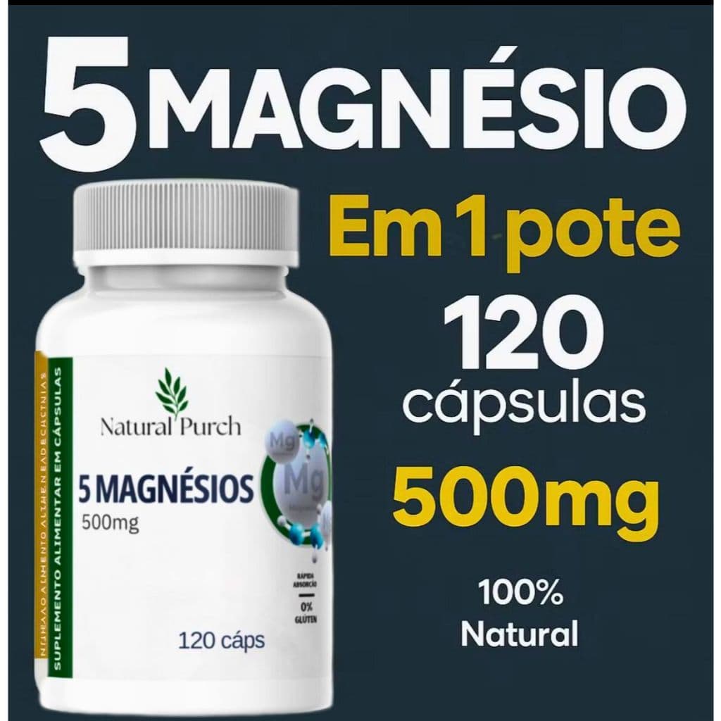 5 Magnésios 120 cápsulas de 500mg (magnésio Quelato, Malato, Turato, Citrato e Óxido