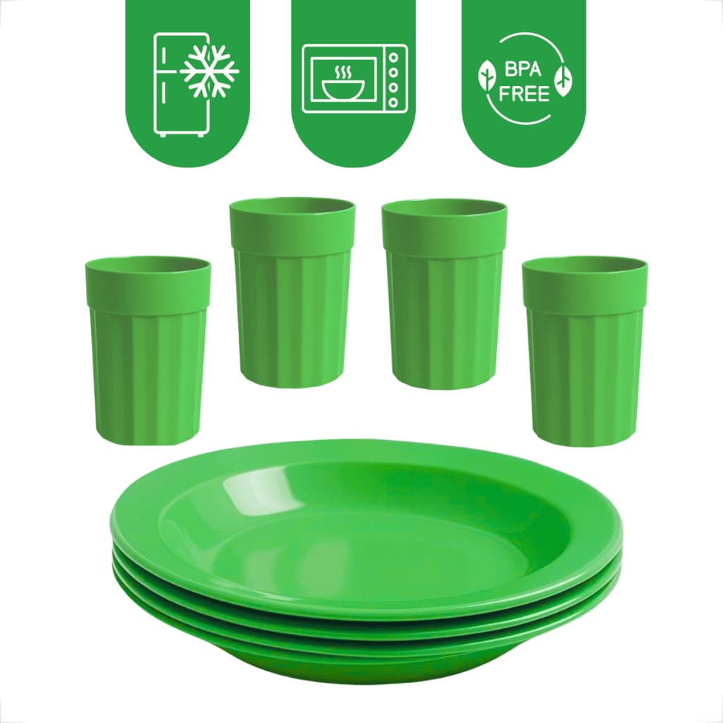 Kit 4 Pratos + 4 Copos 350ml Plástico Reutilizável Colorido