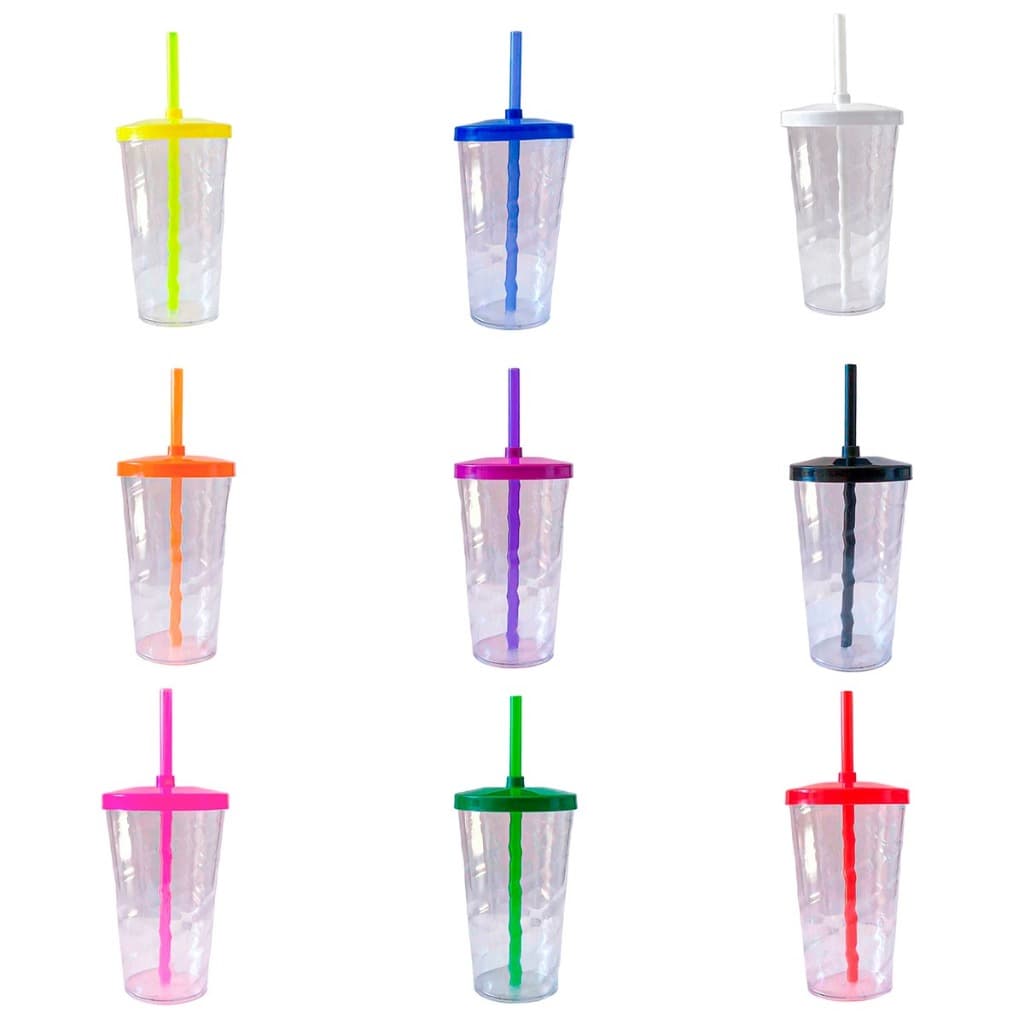 KIT 10 COPOS TWISTER CRISTAL  TRANSPARENTE 300ML COM TAMPA E CANUDO COLORIDOS PARA  PERSONALIZAR