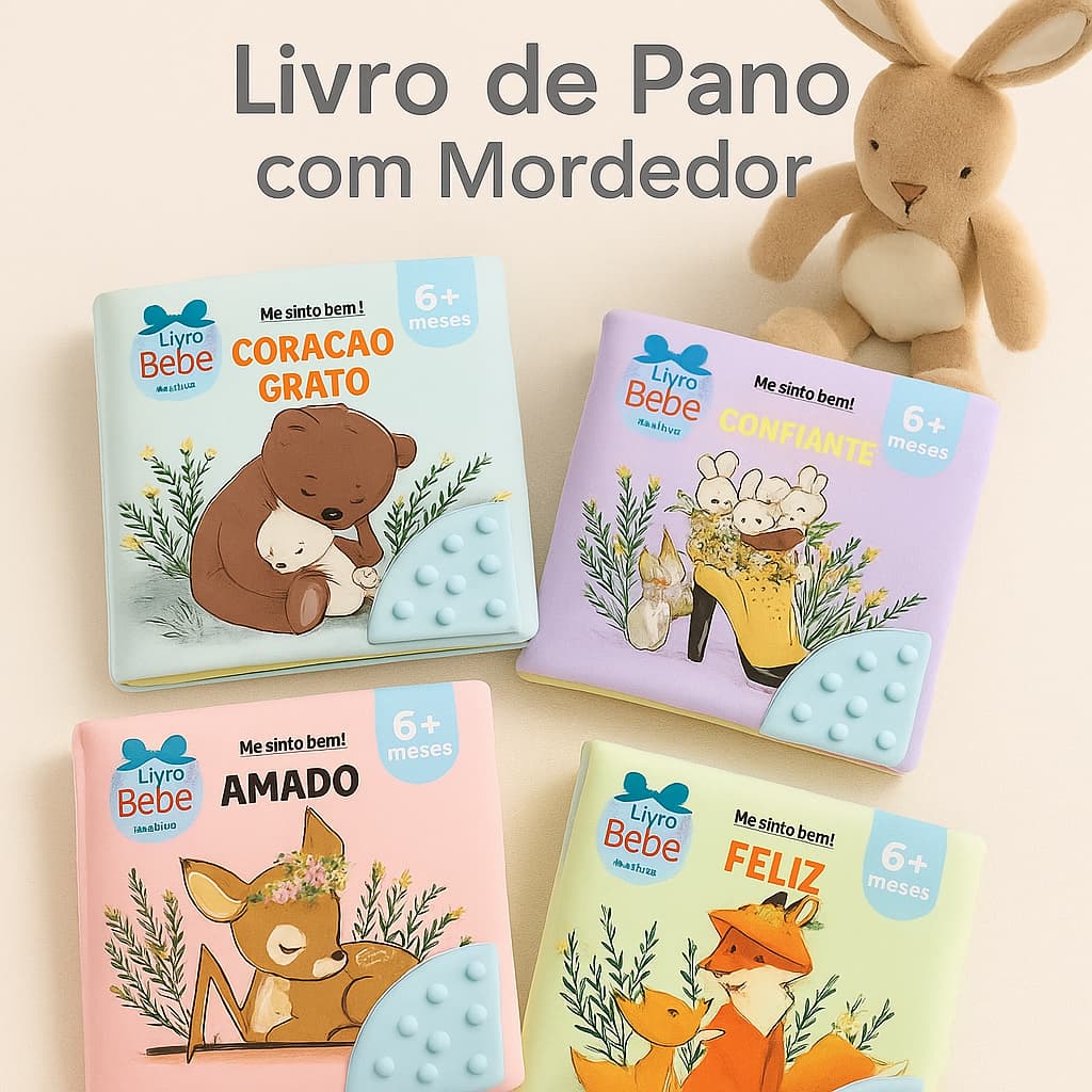 Kit 4 Livro Infantil de Pano Macio Com Mordedor Silicone para Bebês Todo Livro