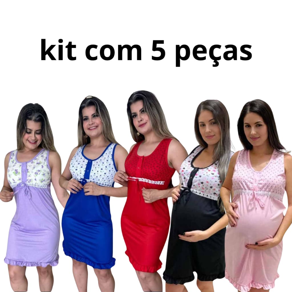 Camisola Feminina Para Grávidas Kit com 5 unidades sem Manga com botões de Amamentação Confortável