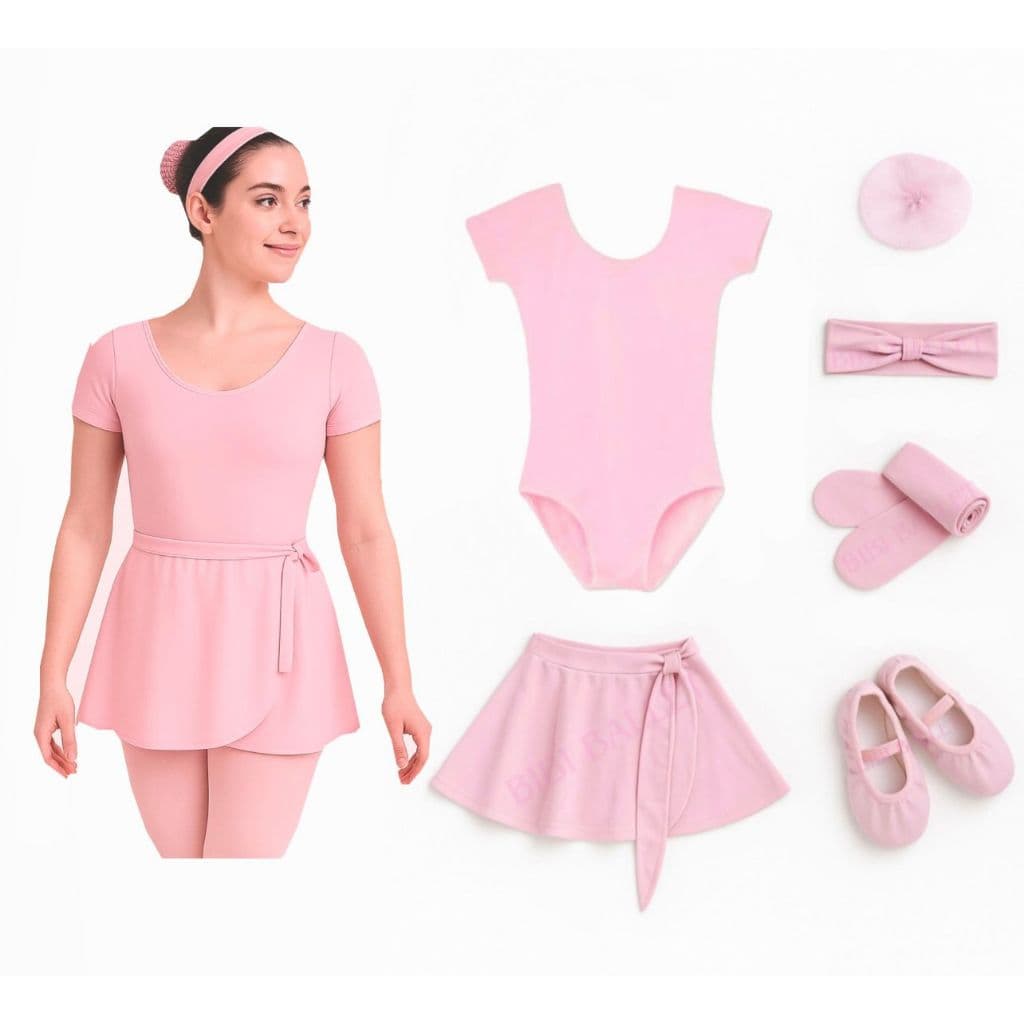 Kit 6 Itens Ballet (ADULTO) - Collant C/MANGA + Saia de Transpassar + Sapatilha + Meia Calça + Faixa + Redinha (ROSA)