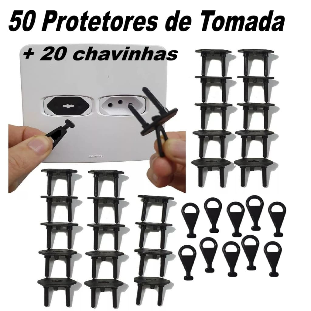 Kit 50 Protetores de Tomada Preto Antichoque 20 Chaves