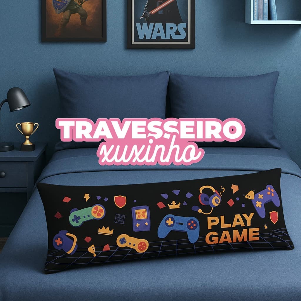 Travesseiro De Corpo Com Fronha Xuxinho Fibra de Silicone Personalizado 0.90x0.30cm Gamer