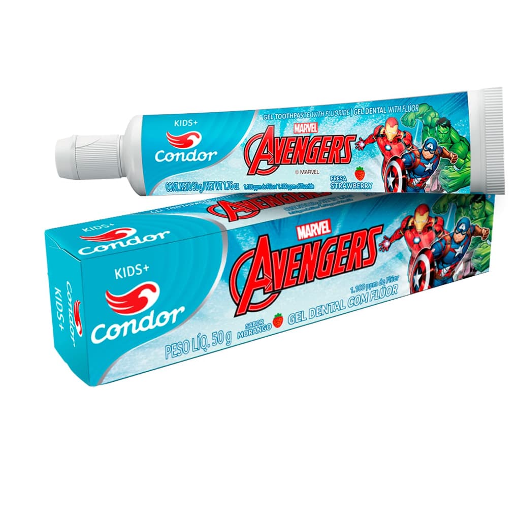 Gel Dental Kids+ com Flúor Morango Condor 50g - Escolher Barbie ou Avengers