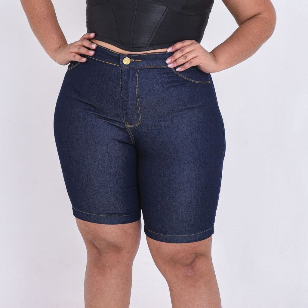 Bermudas Jeans Plus Size Cintura Alta Até o Joelho Elastano
