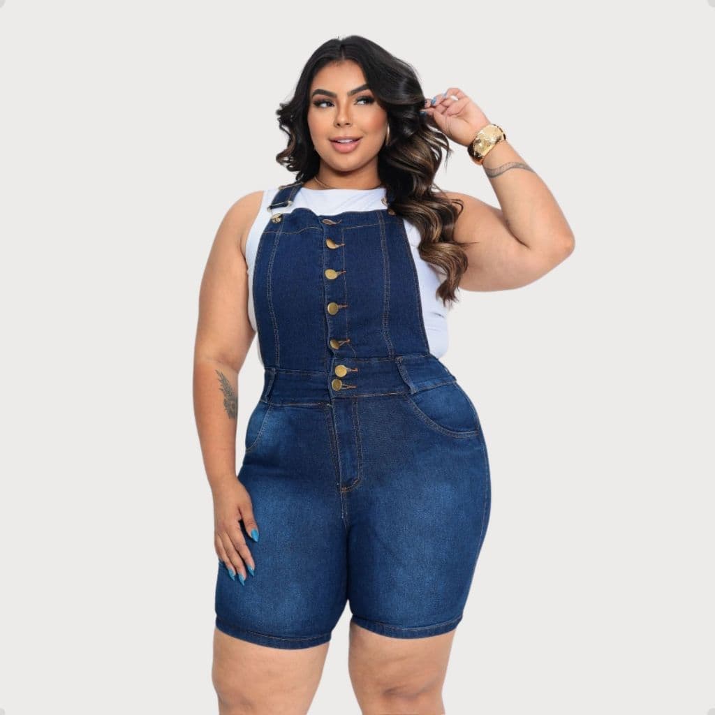 JARDINEIRA PLUS JEANS CASUAL FEMININO COM ELÁSTANO