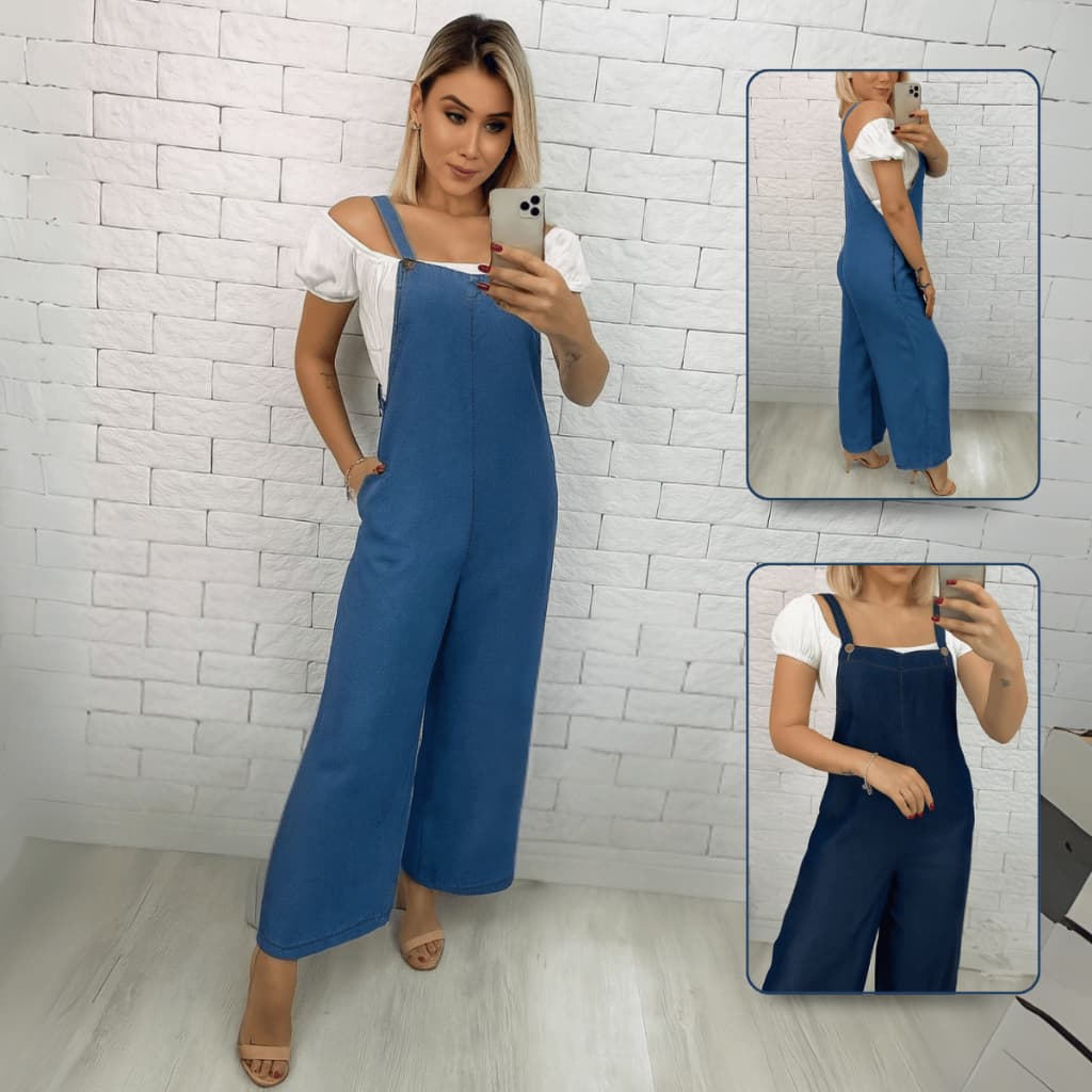 Macacão Jardineira Jeans Feminina Moda Casual Pantalona Alça Regulável Look Estiloso Conforto