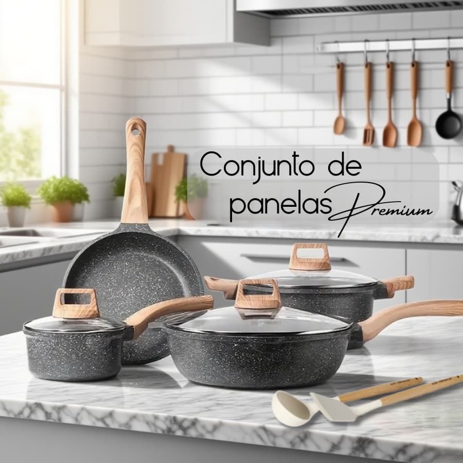 Jogo de Panelas 9 Peças Indução Gás Revestido em Cerâmica Granito Antiaderente Frigideira Caçarola