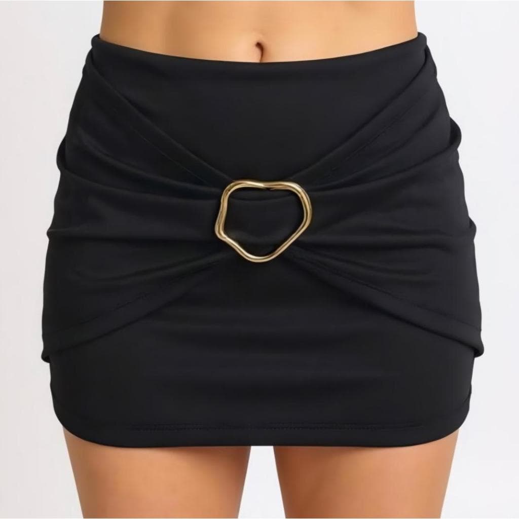 Shorts Saia Fivela  Argola Dourada Elegante de Neoprene com Elastano