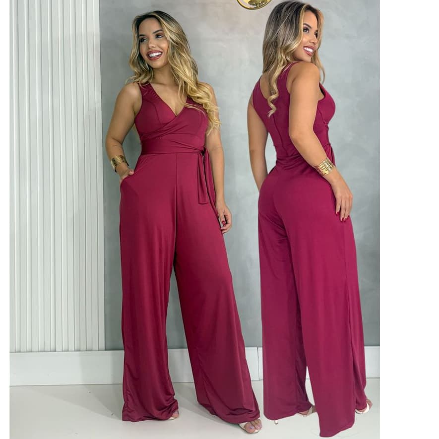 Macacão Laço Pantalona Elegante Com Ziper Nas  Costas