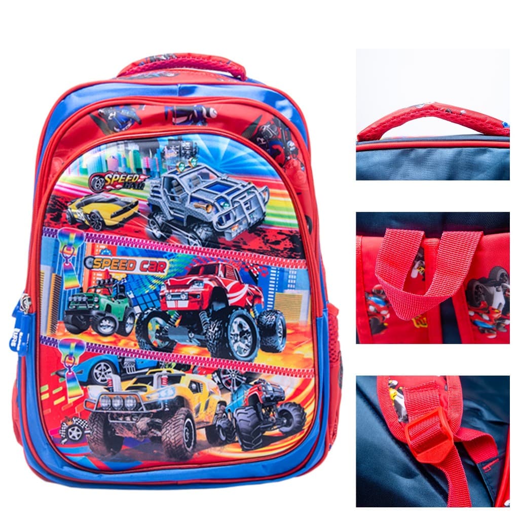 Mochila Escolar Infantil Menino - Carros Oxford Premium Impermeável Resistente - 4 a 9 Anos Confortável