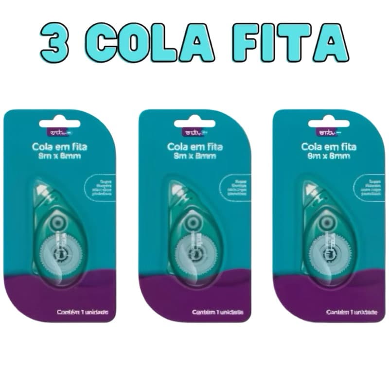 Kit 3 Cola Em Fita 8m X 8mm, Uso Escolar, Artesanato ou Escritório