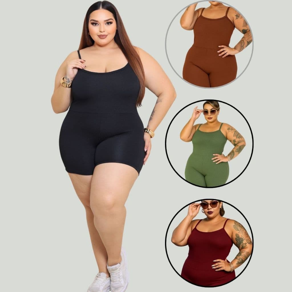 Macaquinho Plus Size Feminino Estiloso Anarruga Alça Fina Academia Grávida Macacão Fitness Shortinho Malhar P055