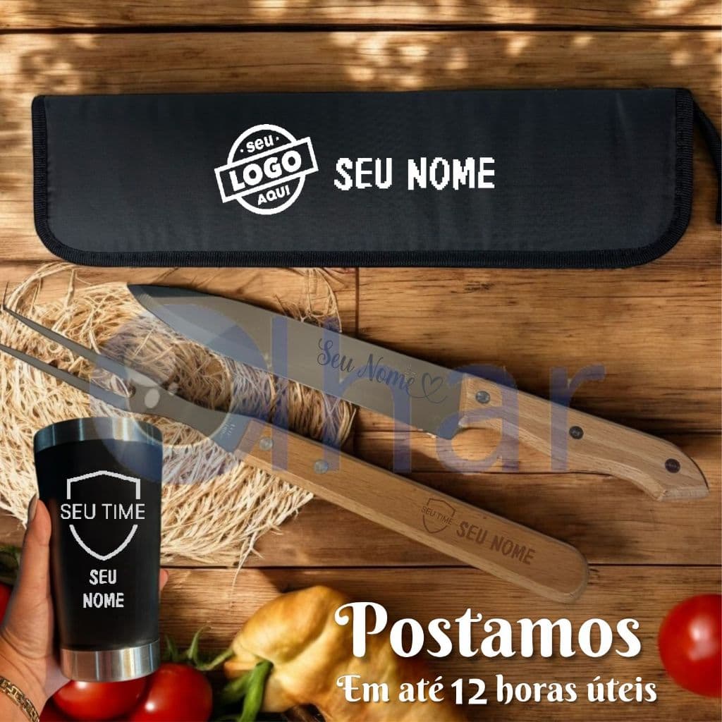 Kit Churrasco Faca Garfo copo Térmico com estojo Personalizados Nome time Logo Empresa