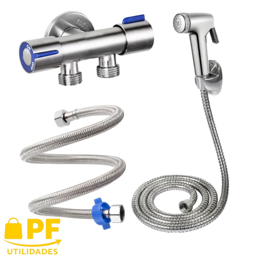 Kit Ducha Higiênica Com Registro Duas Saídas Cromado + Rabicho 50 Cm De Aço Trançado