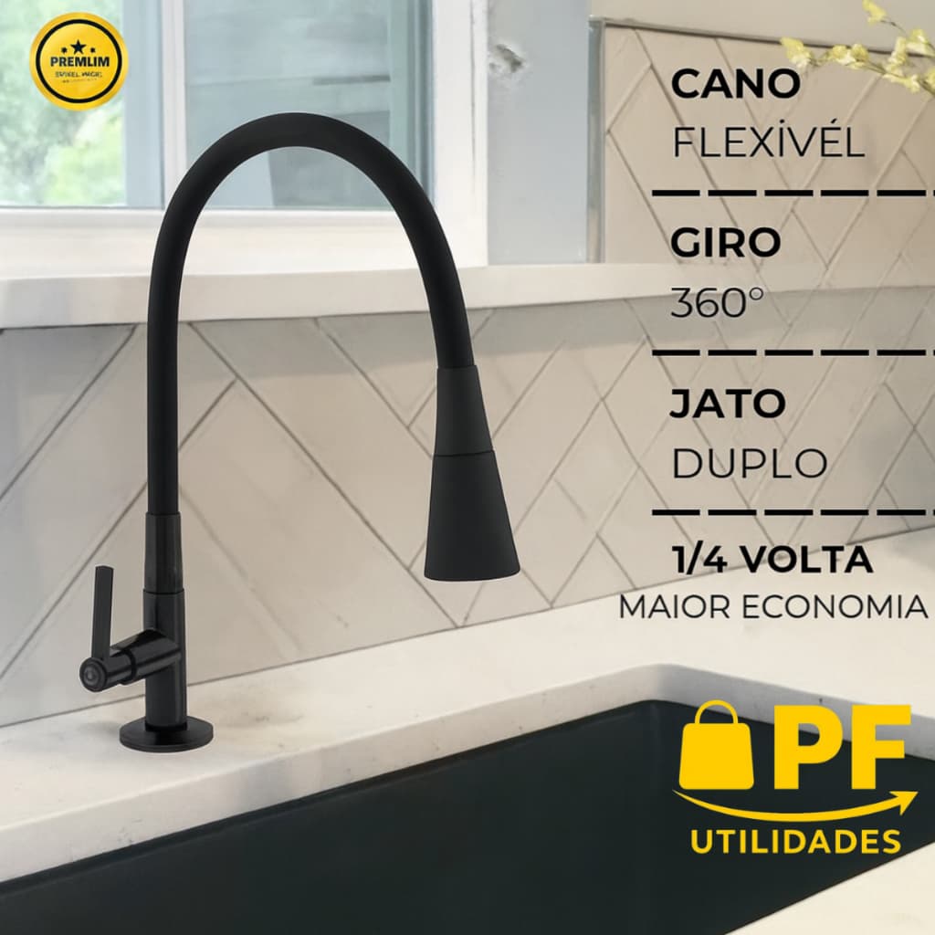 Torneira Cozinha BANCADA FLEXÍVEL AREJADOR Preto Fosco Luxuoso Resistente Design Premium