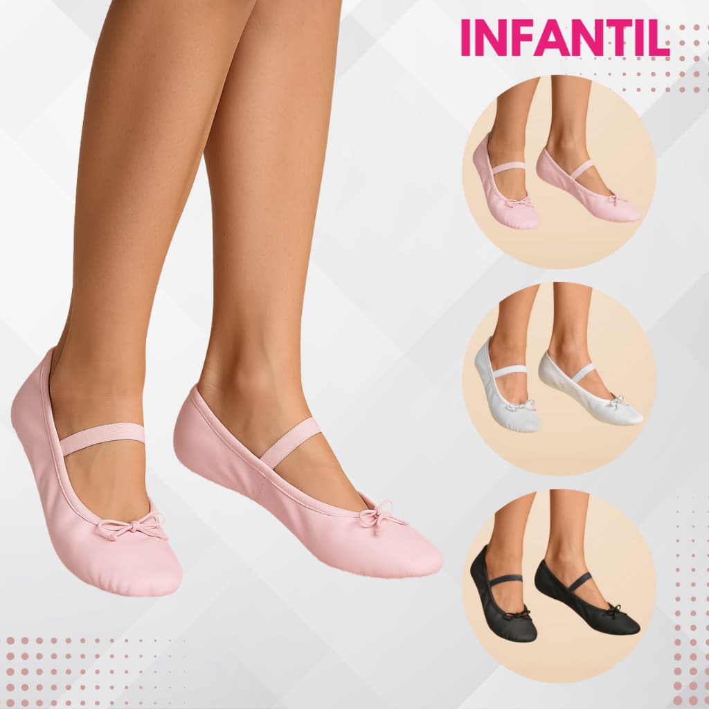 Sapatilha Para Ballet Couro Sintético Meia Ponta Infantil - Cores Rosa Preto Branco