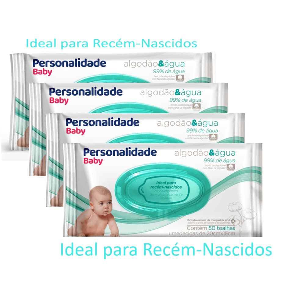 Lenço Umedecido 200un Recém Nascido Personalidade Baby RN 4 Pacotes C/50un