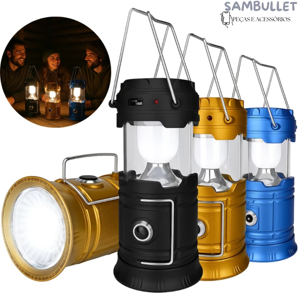 Lampião Luminária com Carregamento Solar e Usb - Lanterna para Pesca Camping Caça Aventuras