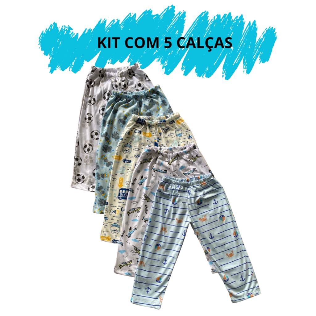 Kit 05 Calça Masculina Avulsa De Pijama Infantil Menino 02 ao 16 100% Algodão Confortável Leve