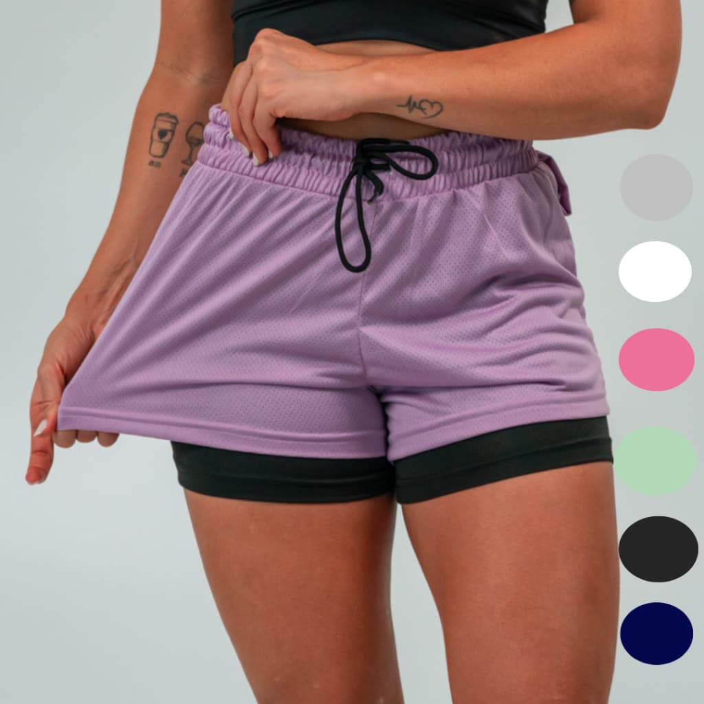 Shorts compressão 2 em 1 Feminino para Academia Treino Caminhada e Corrida Dry Fit com Bolso Celular