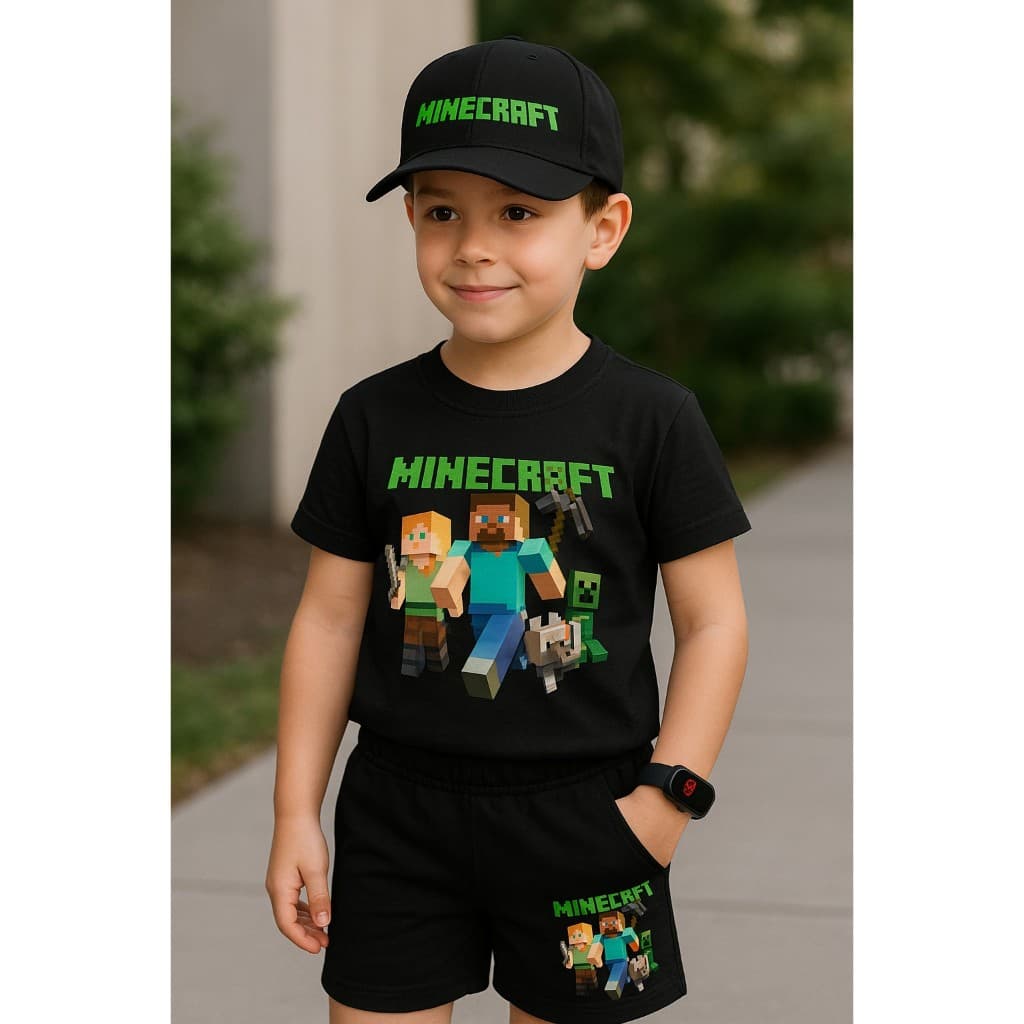 Conjunto Infantil Camiseta com Short Moletinho Relógio Boné Minicrafit Meninos Camisa Algodão