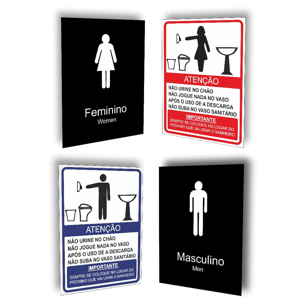 4 Placas De Sinalização Banheiro Feminino Masculino Regras