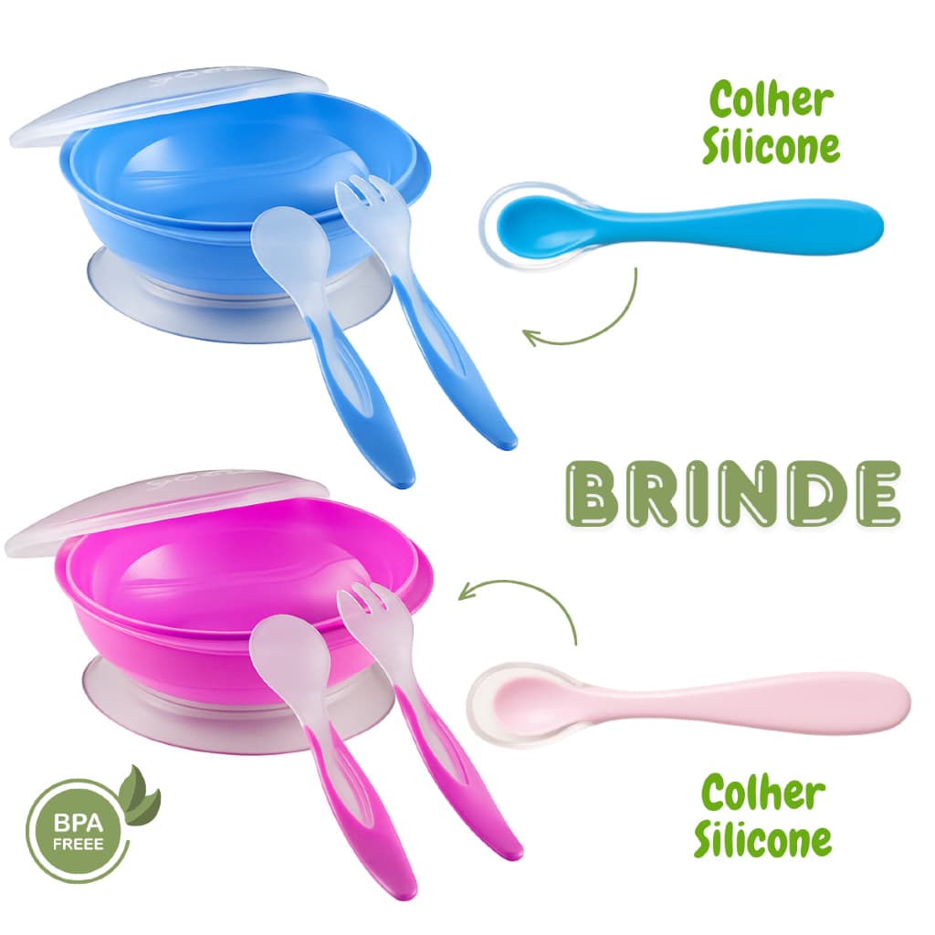 Kit Refeição Infantil Prato Com Ventosa + Tampa + Talheres + Colher com Ponta De Silicone